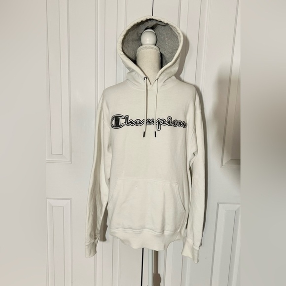 CHAMPION Men's White Hoodie Sweater, Embroidered Logo, Size Medium